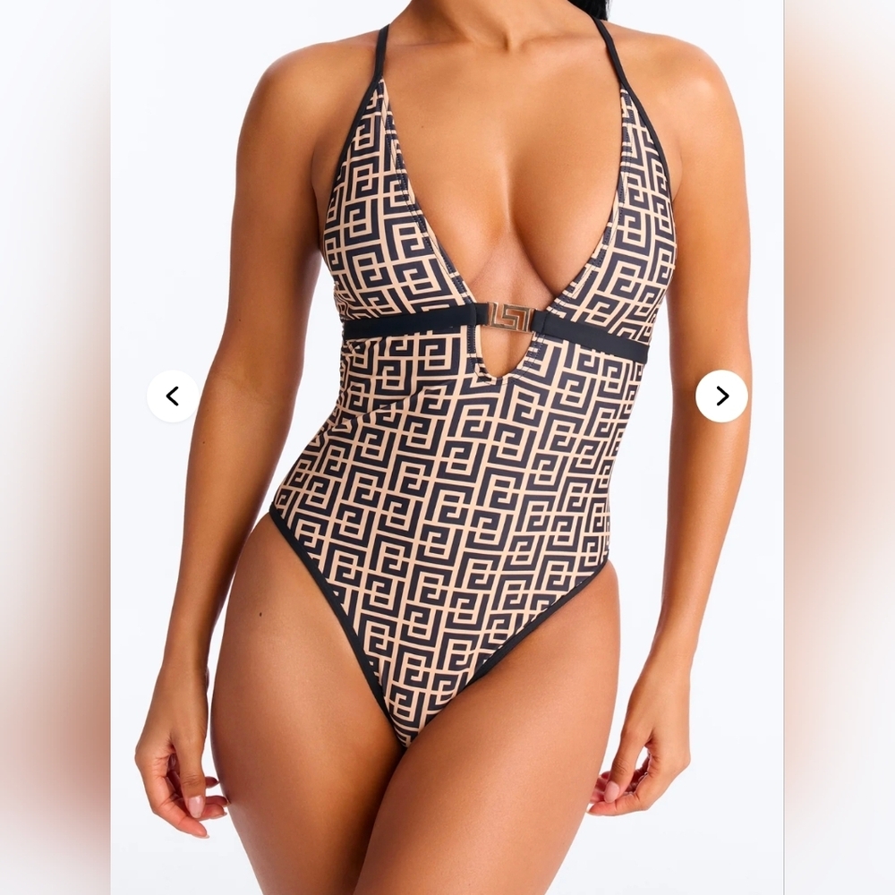 Geometric Patterned Black and Tan Swimsuit - NWT